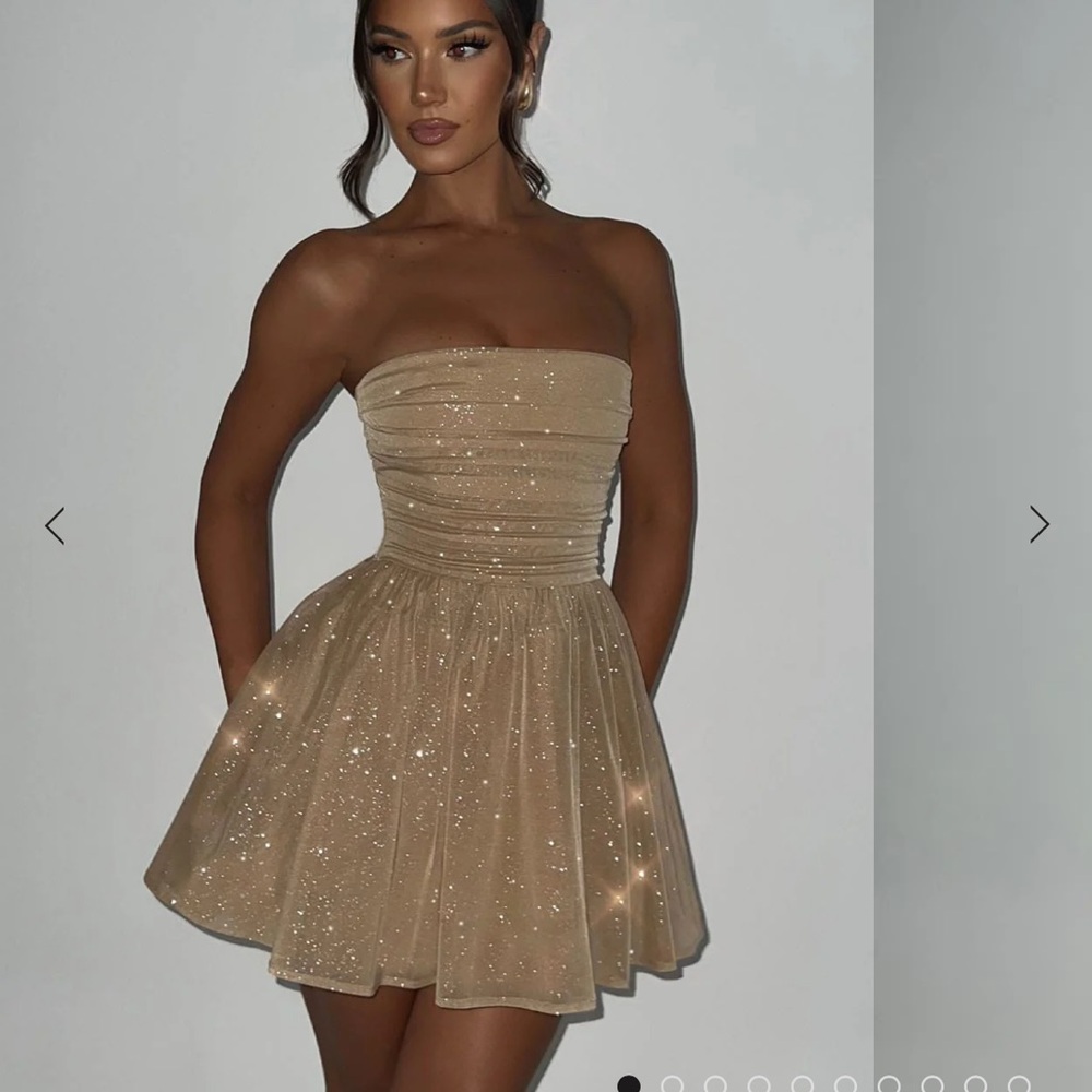 Gold Embellished Strapless Fit and Flare Dress